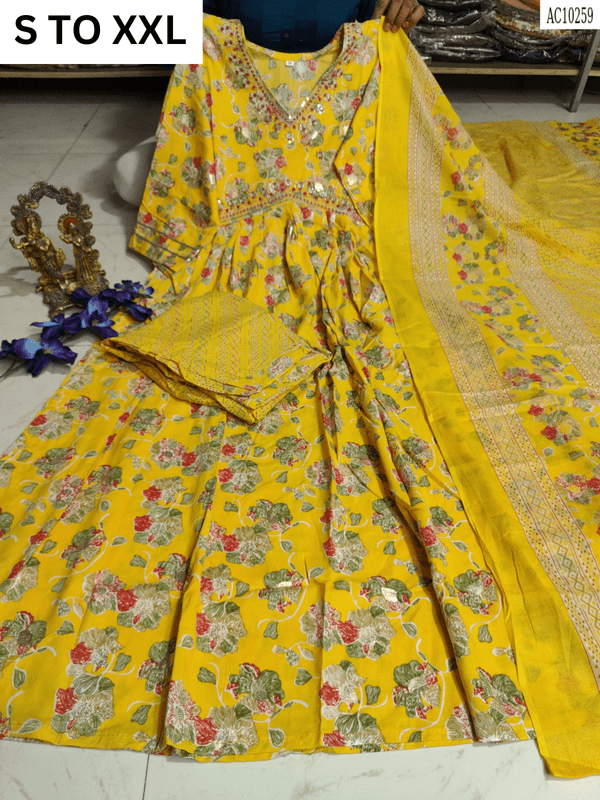 Heavy aliacut kurta with matching pants and dupatta in size S to XXL, by VASTRA COLLECTION, featuring intricate design details.