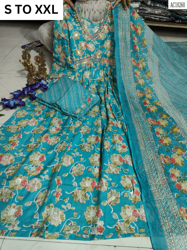 Vastra Collection heavy aliacut kurta with matching pants and dupatta, available in sizes S to XXL, featuring intricate design.