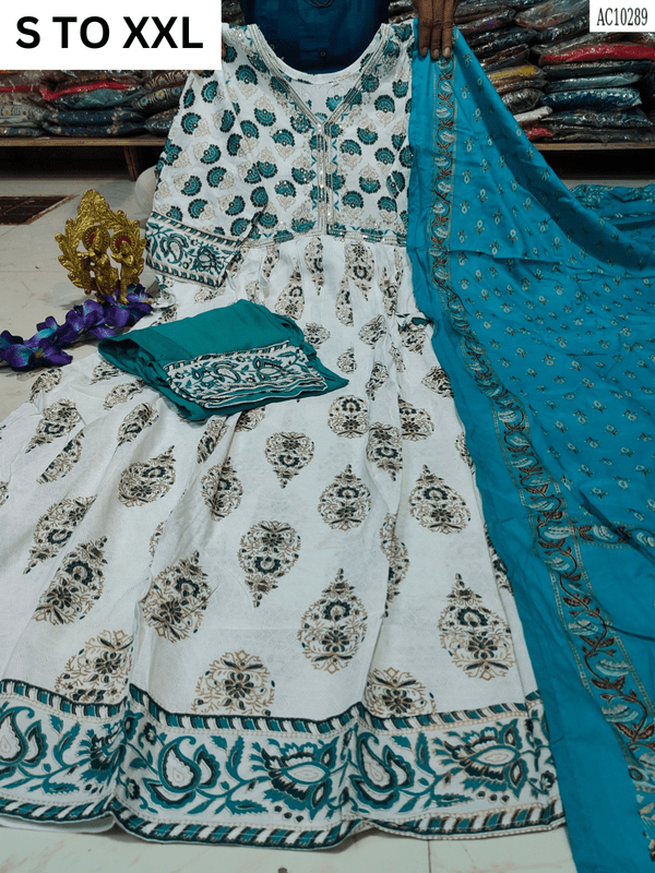 Heavy aliacut kurta with matching pants and dupatta from VASTRA COLLECTION, available in S to XXL sizes, featuring intricate design.