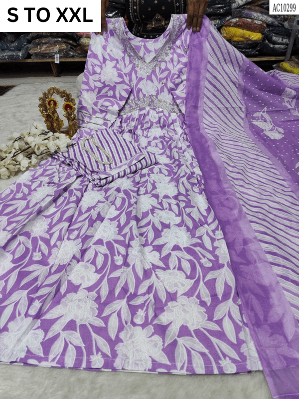 Heavy aliacut kurta with matching pants and dupatta from VASTRA COLLECTION in S to XXL sizes, featuring intricate design.