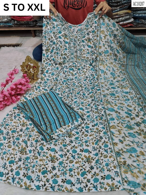 Heavy aliacut kurta with matching pants and dupatta in S to XXL sizes, VASTRA COLLECTION traditional ethnic wear design.