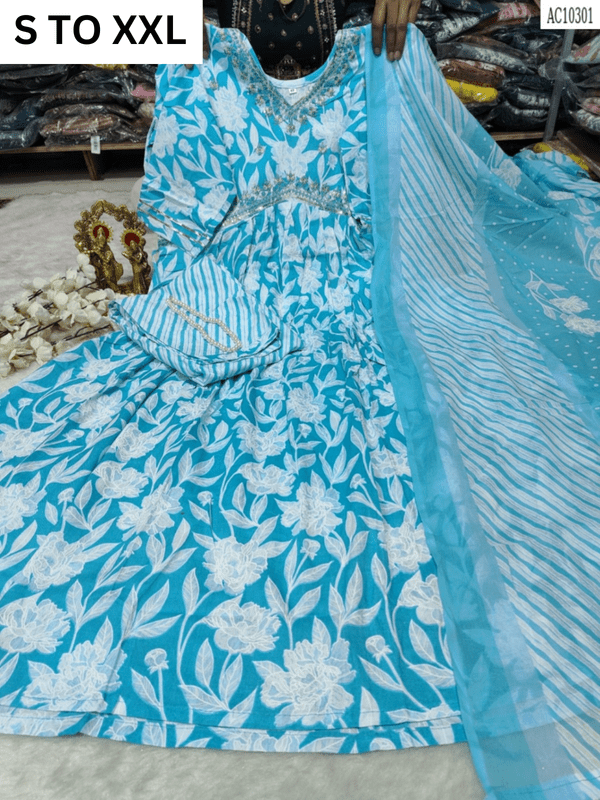 Heavy Aliacut kurta with matching pants and dupatta from VASTRA COLLECTION, available in sizes S to XXL, featuring intricate design.