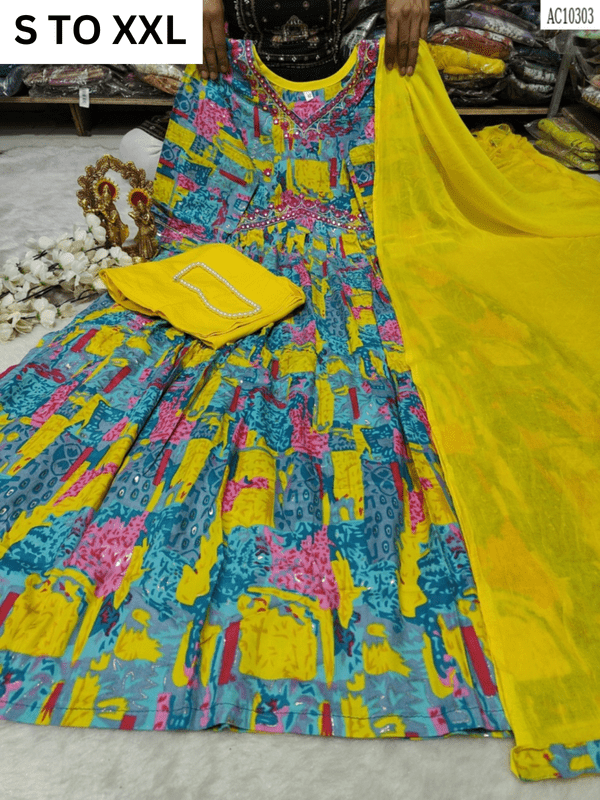 Heavy aliacut kurta with matching pant and dupatta in size S to XXL by VASTRA COLLECTION, featuring intricate design and traditional style
