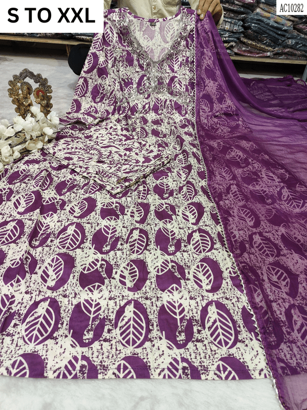 Heavy aliacut kurta with matching pants and dupatta in size S to XXL, featuring intricate design by Vastra Collection.