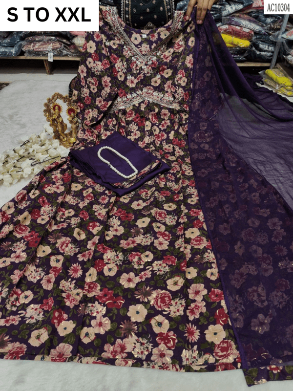 Heavy Aliacut kurta with matching pants and dupatta, VASTRA COLLECTION, available in sizes S to XXL, featuring intricate design.