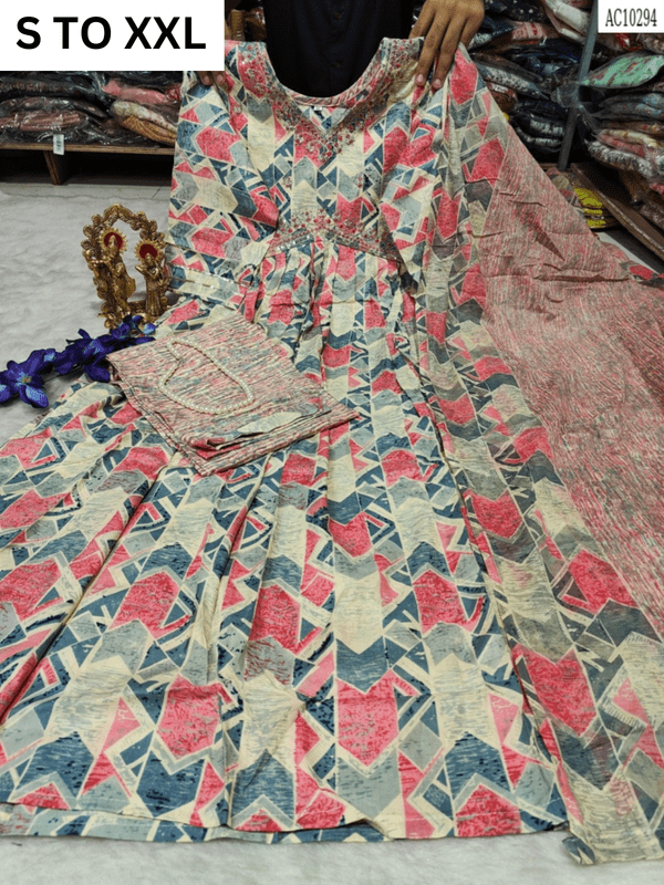 Heavy aliacut kurta with matching pants and dupatta in size S to XXL, featuring intricate design from VASTRA COLLECTION.