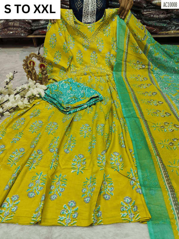 Heavy aliacut kurta with matching pants and dupatta in size S to XXL, featuring intricate design by VASTRA COLLECTION.