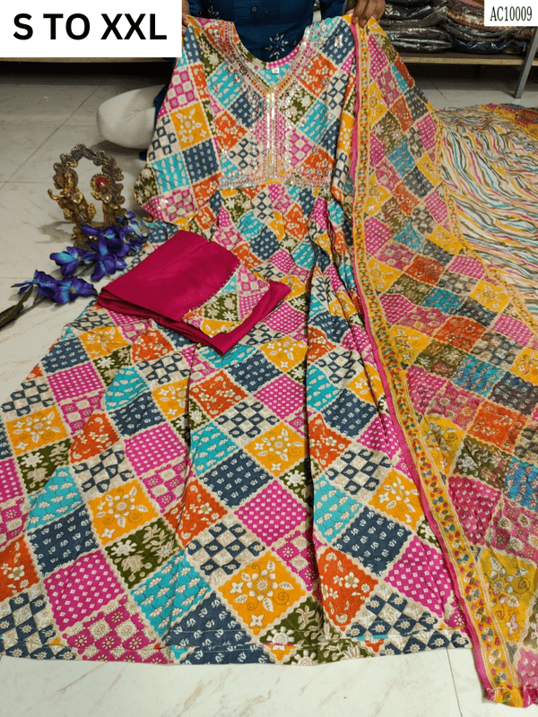 Heavy Aliacut kurta with matching pant and dupatta in S to XXL sizes by Vastra Collection, featuring intricate design.