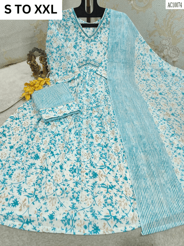 Heavy Aliacut kurta with matching pants and dupatta in size S to XXL from VASTRA COLLECTION, featuring intricate design details.