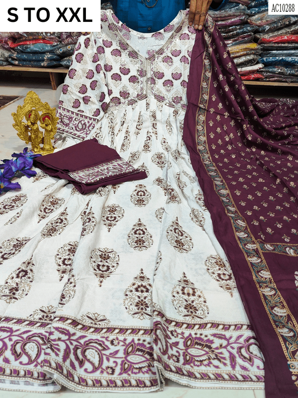 Heavy aliacut kurta, pant, and dupatta set by VASTRA COLLECTION in size S to XXL with intricate design, perfect for traditional wear.