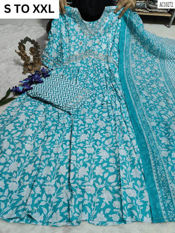 Heavy Aliacut kurta with matching pant and dupatta in size S to XXL, vibrant design by Vastra Collection.