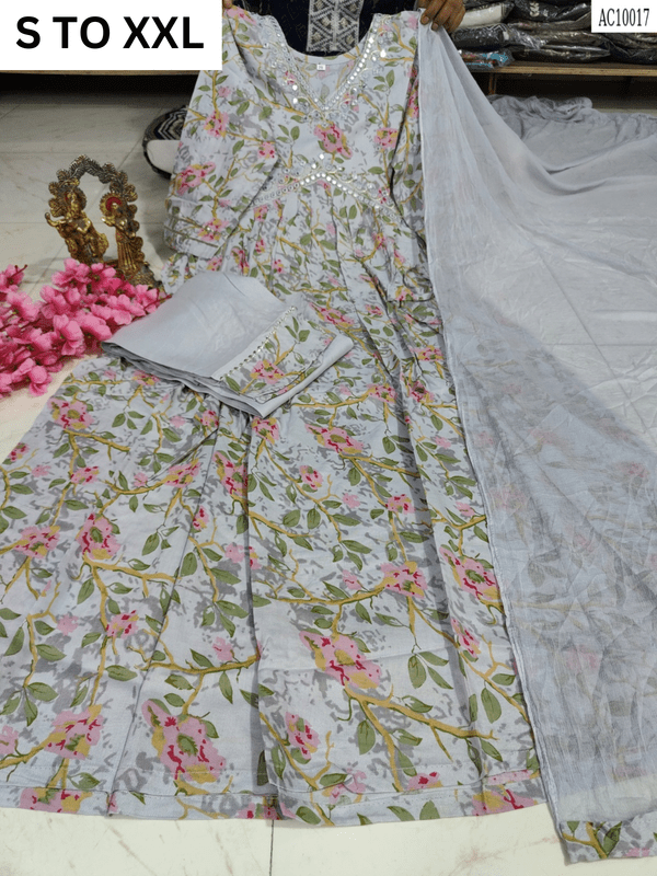 Heavy Aliacut kurta with matching pant and dupatta from VASTRA COLLECTION, available in sizes S to XXL, featuring intricate design.