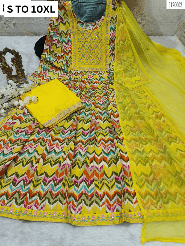 Heavy Anarkali kurta with matching pants and dupatta from VASTRA COLLECTION, available in sizes S to 10XL, intricate design details.