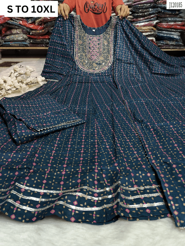 Heavy Anarkali Kurta set with matching dupatta and pants in vibrant design, available from VASTRA COLLECTION in sizes S to 10XL.