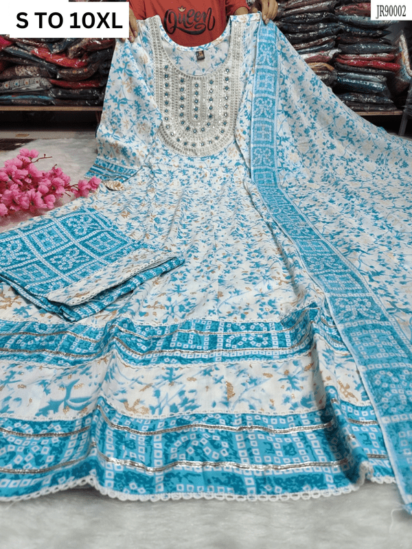 Heavy Anarkali kurta with matching dupatta and pants from Vastra Collection in size S to 10XL, featuring intricate design.