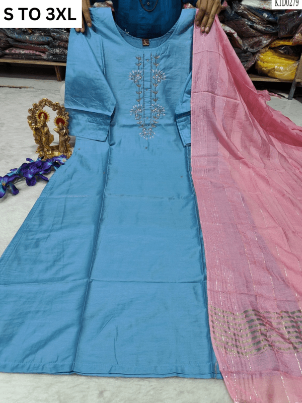 Light blue heavy muslin cotton kurta with matching dupatta, available in sizes S to 3XL, from Vastra Collection with elegant design.