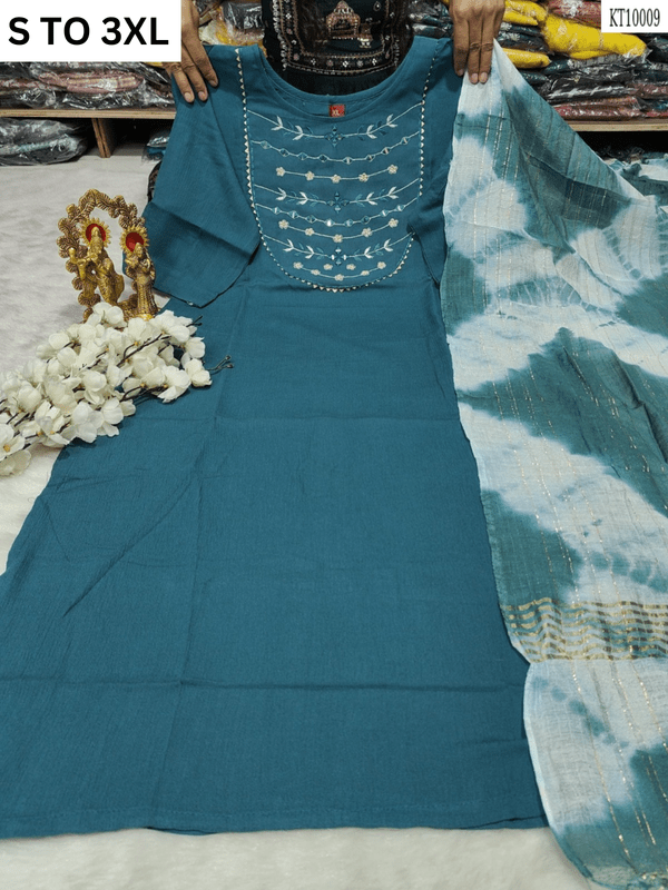 Light blue heavy muslin cotton kurta with matching dupatta, soft fabric, stylish design, available in sizes S to 3XL from VASTRA COLLECTION.