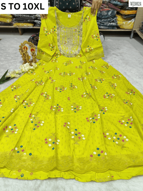 Elegant VASTRA COLLECTION readymade long gown with full flair in size S to 10XL, showcasing intricate design and flowing fabric.
