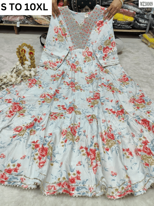 VASTRA COLLECTION readymade long gown with full flair, available in sizes S to 10XL, featuring intricate design and flowing fabric.