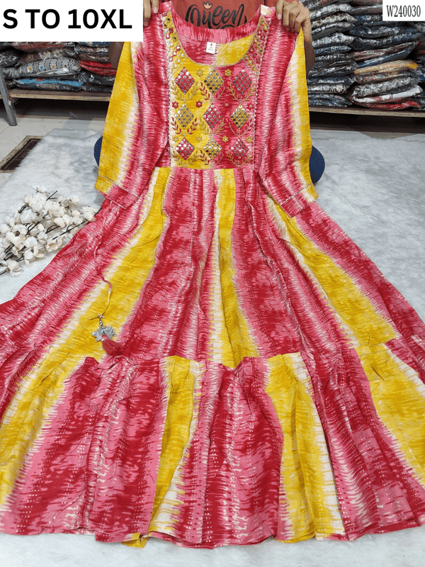 Readymade long gown with full flare in size S to 10XL, by VASTRA COLLECTION, featuring elegant design and flowing fabric.