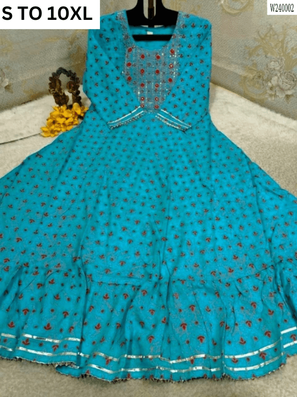 Readymade long gown with full flair in size S to 10XL, designed by VASTRA COLLECTION, featuring intricate fabric and elegant style.
