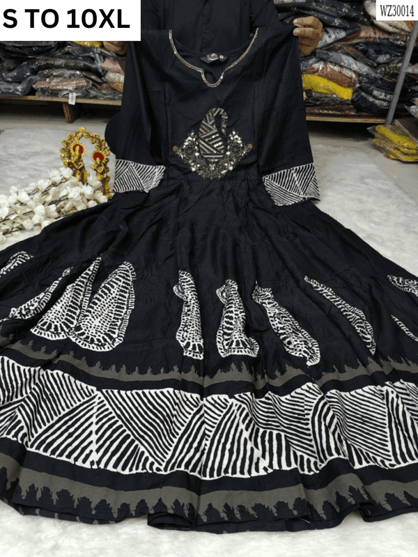 Long flair readymade gown in size S to 10XL from VASTRA COLLECTION, featuring elegant design and full-length style.