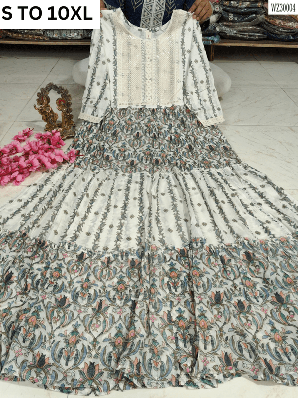 VASTRA COLLECTION readymade long gown with full flair, available in sizes S to 10XL, featuring elegant design and flowing fabric.