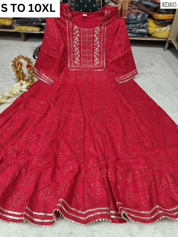 Elegant readymade long gown with full flair in sizes S to 10XL by VASTRA COLLECTION, featuring intricate design and flowing fabric.