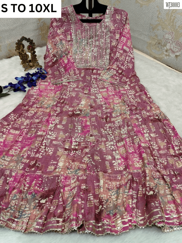Readymade long gown with full flair in size S to 10XL from VASTRA COLLECTION, featuring elegant design and flowing fabric.